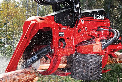 Waratah H216 harvester head cutting wood